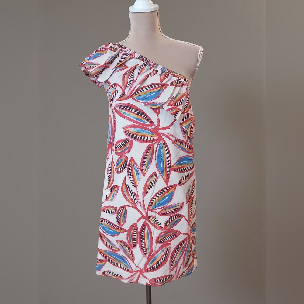 J Crew Linen Blend One Shoulder Dress Womens XS Mini Dress Colorful Lined Ruffle